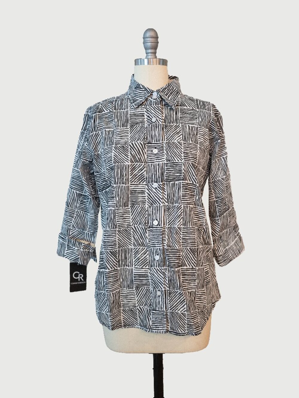 Connie Roberson New Mixed Print Black White Butterfly Button Down